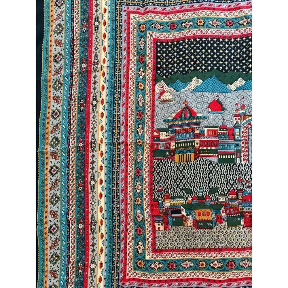 Vintage Vivienne Scenic Silk-Feel Scarf 34” x 34” Blue Cityscape Print Square - Picture 9 of 10